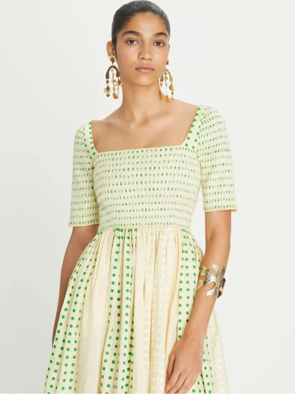 NWT Tory Burch Cream and Light Green Polka Dot Midi Dress